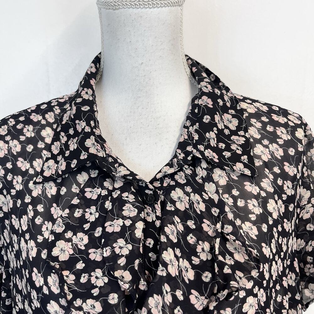 Chaps Blouse Top Plus size 3X Black Pink Floral Sheer Ruffles Career Church - Picture 3 of 9